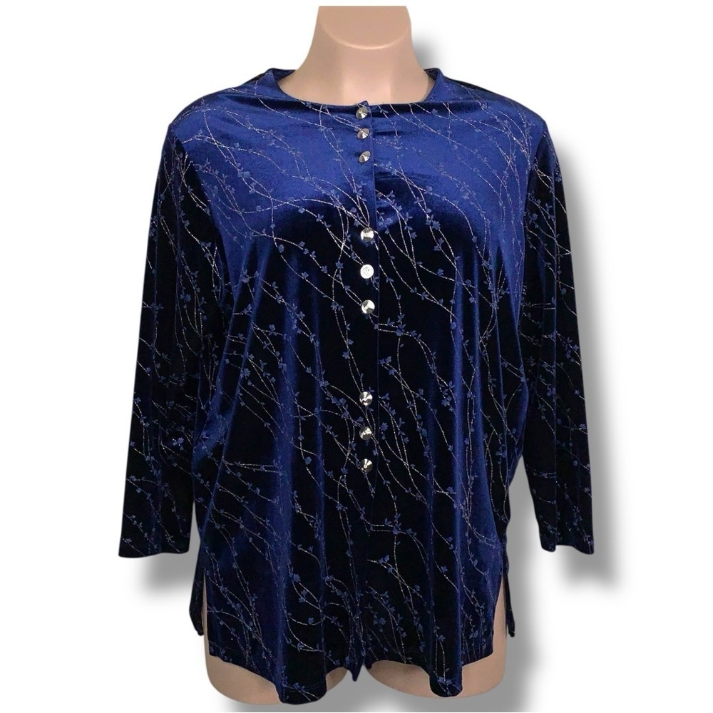 Vintage 1X Impressions Blue Velvet Long Sleeve Velour Blouse Glitter Floral